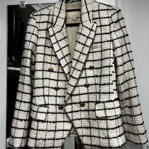 L’AGENCE Kenzie Double Breasted Tweed Blazer in Ecru and Black